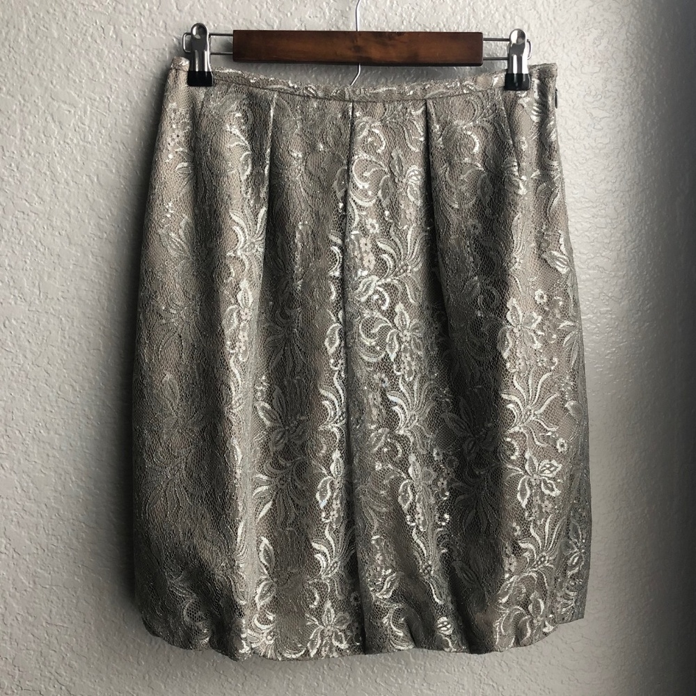 LOFT | Metallic Silver Lace Bubble Holiday Skirt